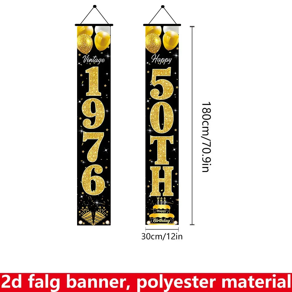 bannière fête anniversaire noir doré lettres ballons étoiles 180cm 30cm vintage clips