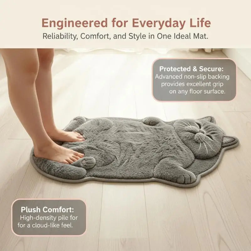 tapis chaton peluche gris rose orange oreilles pattes queue yeux fermés décoration maison