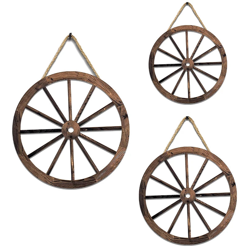 roues chariot bois vieilli décorations murales rustiques suspension cordes jute vintage champêtre