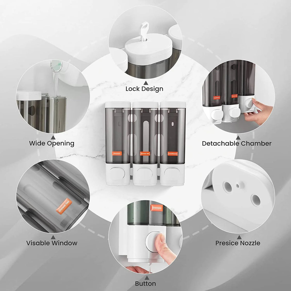 distributeur savon noir transparent moderne fixation murale bouton déclenchement lisse minimaliste