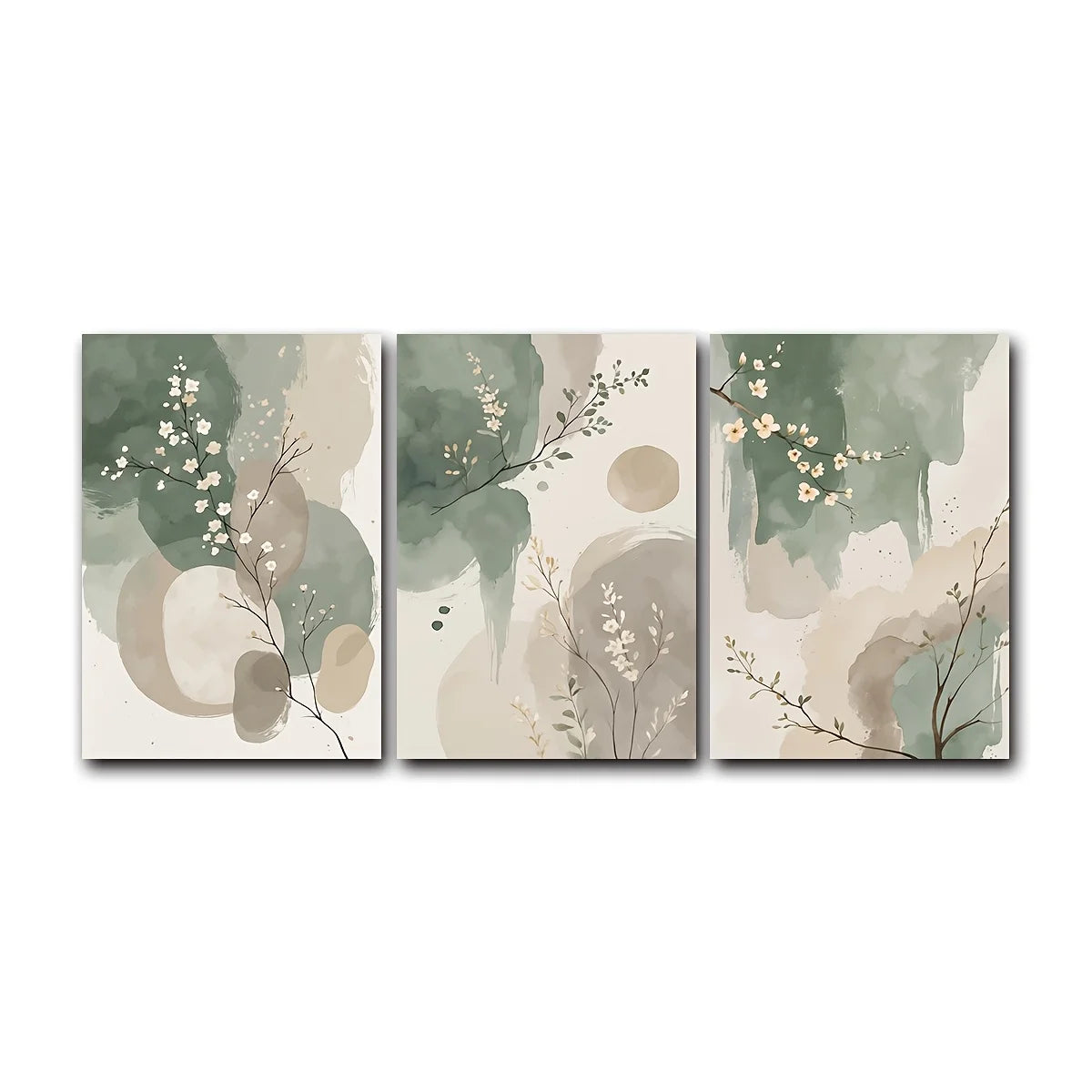tableaux abstraits fleurs stylisées vert beige sans cadre moderne décoration chambre contemporaine minimaliste imprime