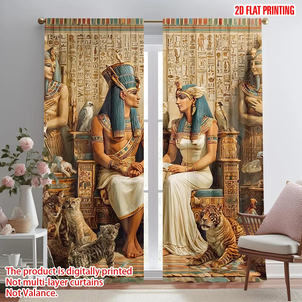 rideaux impression égyptienne antique couple royal hiéroglyphes métalliques polyester beige bleu rouge marron doré
