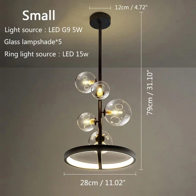 suspension lumineuse moderne sphères verre transparent anneaux métalliques noir doré grisclair