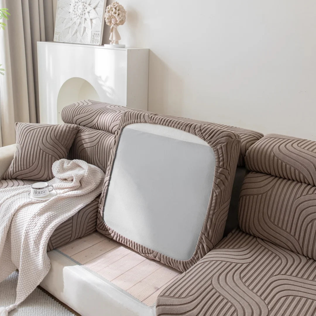 housse canapé beige clair polaire jacquard rayures horizontales extensible salon moderne