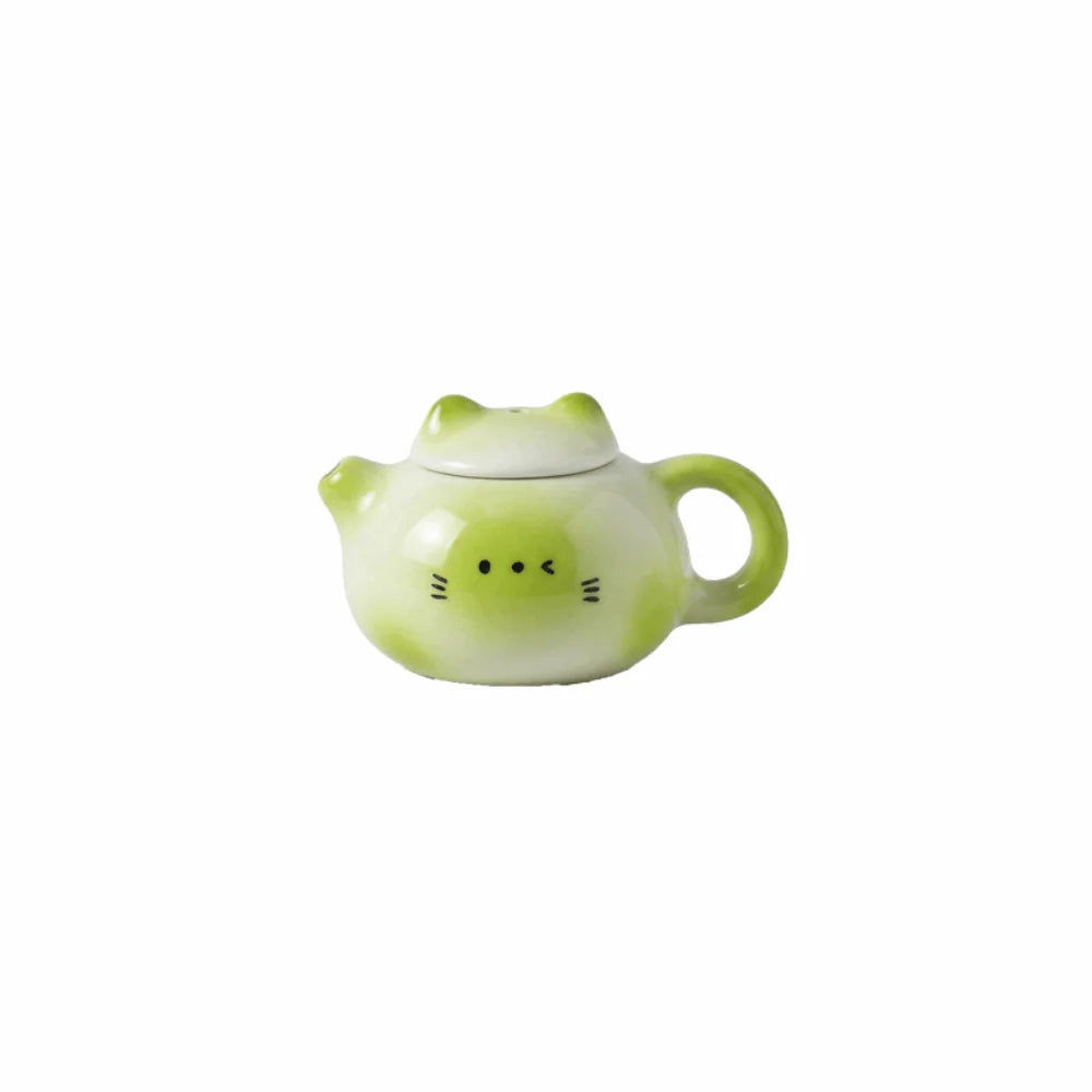 théière chat forme visage mignon vert blanc rose couvercle cartoon
