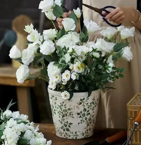 vase céramique porcelain fleurs blanches imprimées classique couleur beige verte