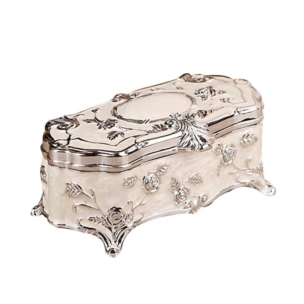 boîte bijoux argentée relief floral intérieur flanelle noir classique vintage clapet porte bois