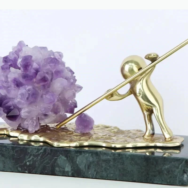 sculpture artisanale or violet cristal multiple facettes base marbre verte moderne figure humaine