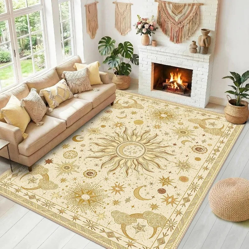 tapis bohème vintage motif soleil lune étoile beige vert foncé salon chambre décoration maison