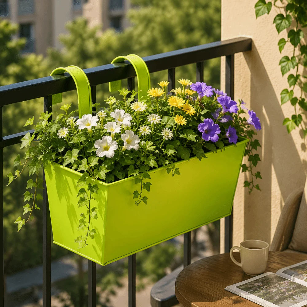 bac fleurs suspendu vert clair noir vert fluo violet anneaux métalliques plante verte différente