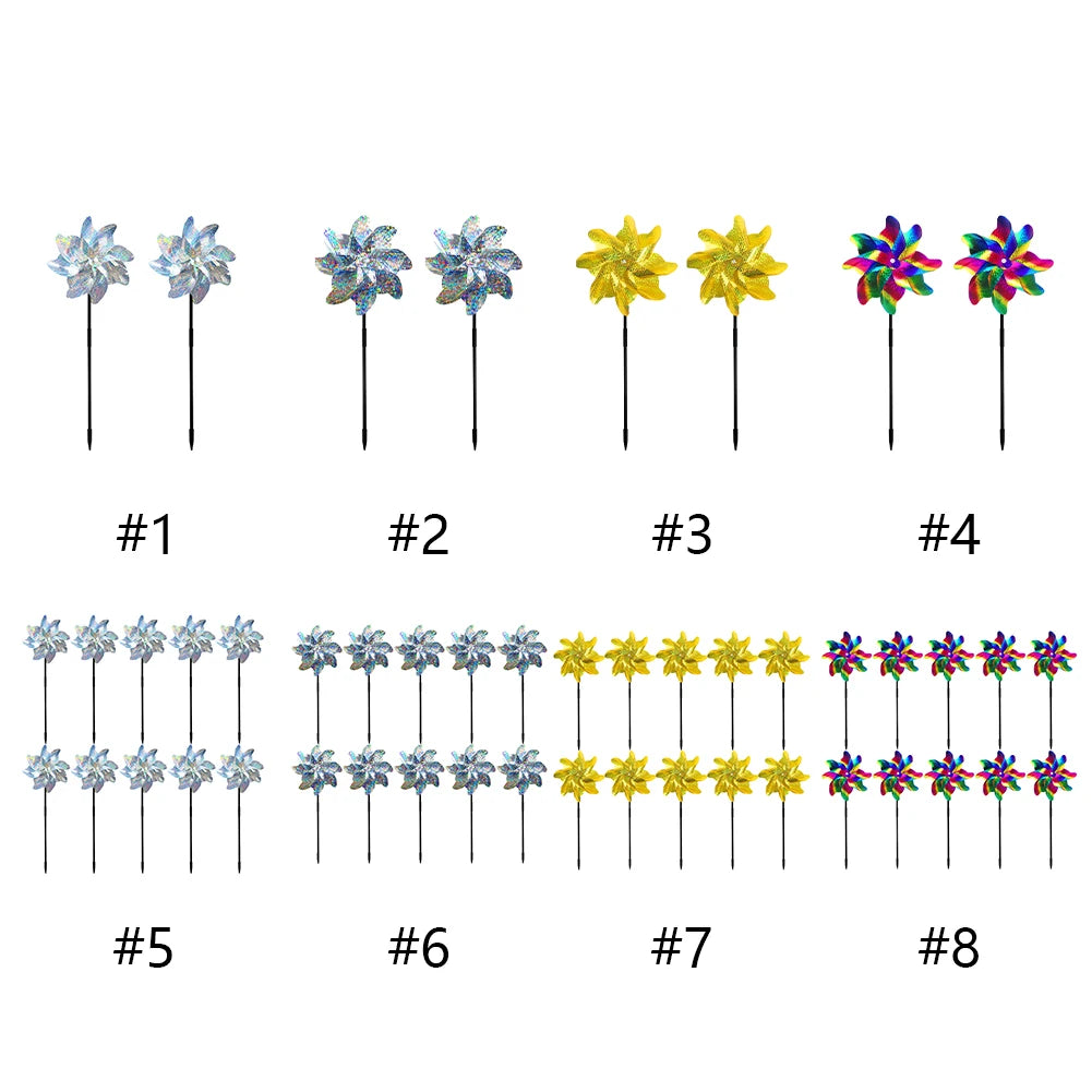 décor extérieur moderne moulin vent argent bleu jaune holographique 18cm 52cm piquet métallique jardin