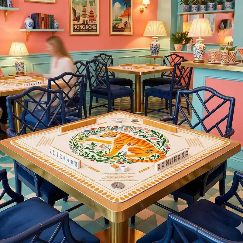 tapis jeu mahjong carré motif tigre orange floral caoutchouc antidérapant jeux société