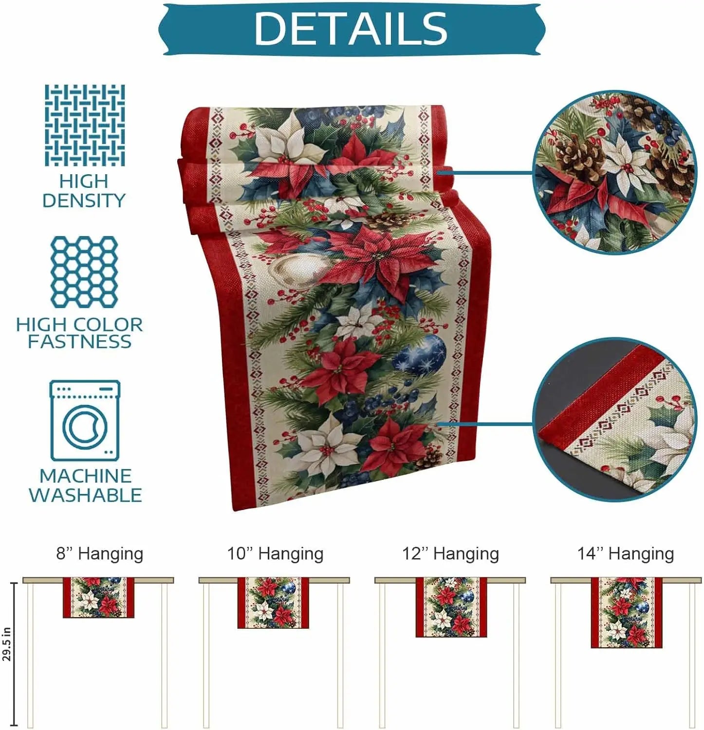 Cette image présente un chemin de table décoratif aux motifs floraux colorés, avec des fleurs de poinsettia, des branches de sapin et des baies rouges. Le tissu a une haute densité et des couleurs vives, il est lavable en machine et disponible en différentes tailles de suspendu.