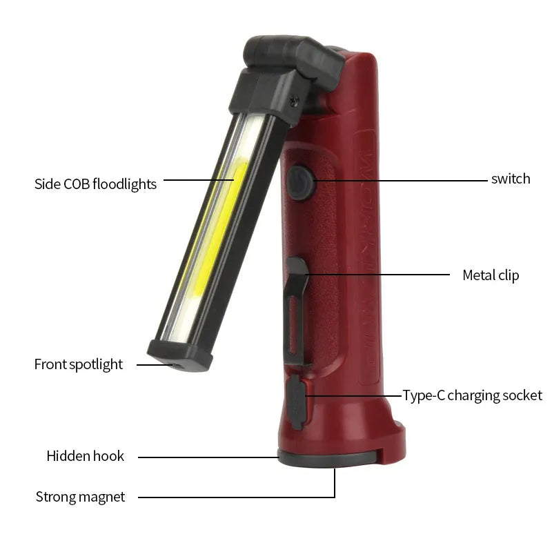 lampe travail pliable rechargeable usb aimant magnétique éclairage led rouge noir industrialiséeurgencecampinggaragehome