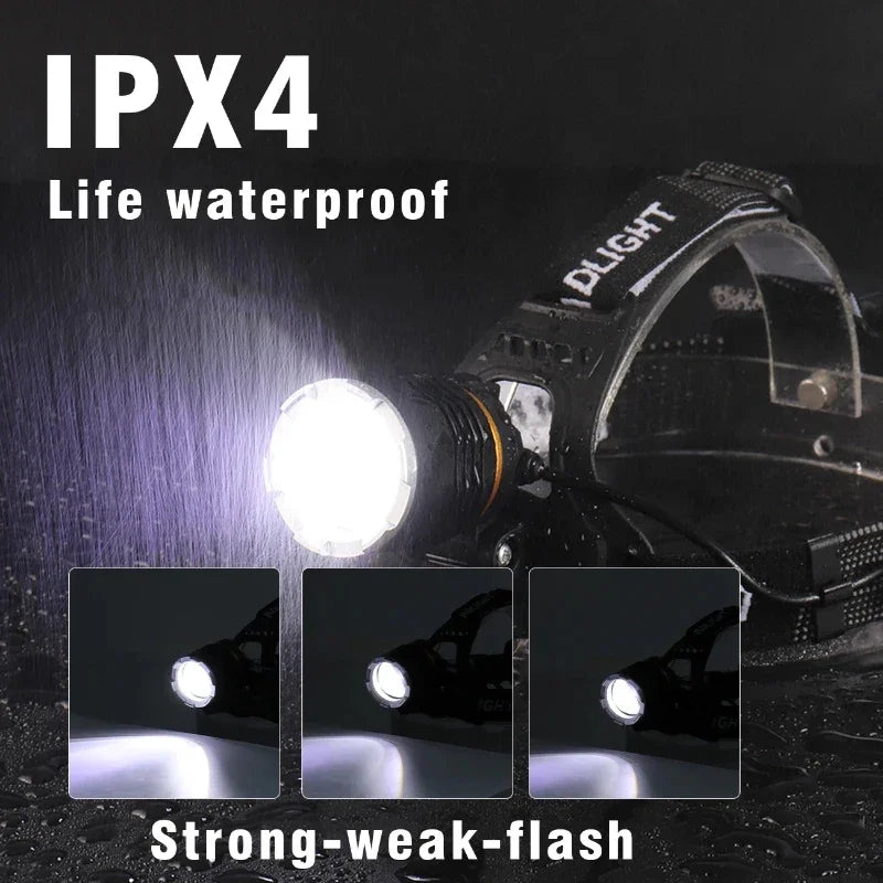 lampe frontale rechargeable led noir zoom ipx4 étanche mode sensor high low strobe camping
