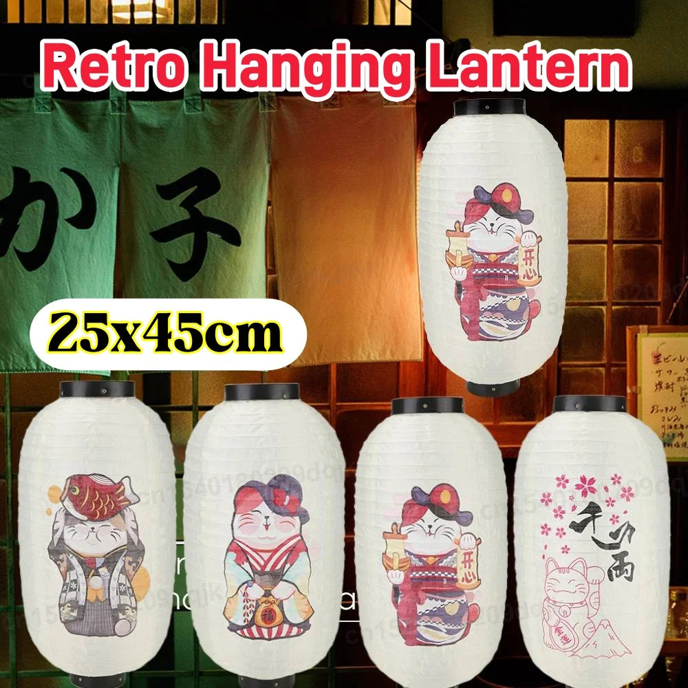 lanterne suspendue blanche chat porte bonheur motifs japonais anniversaire fête 25x45cm