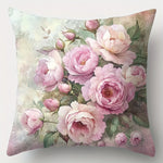 housse coussin imprimé bouquet fleurs roses blanches vintage couleurs rose beige vert polyester 40x40cm