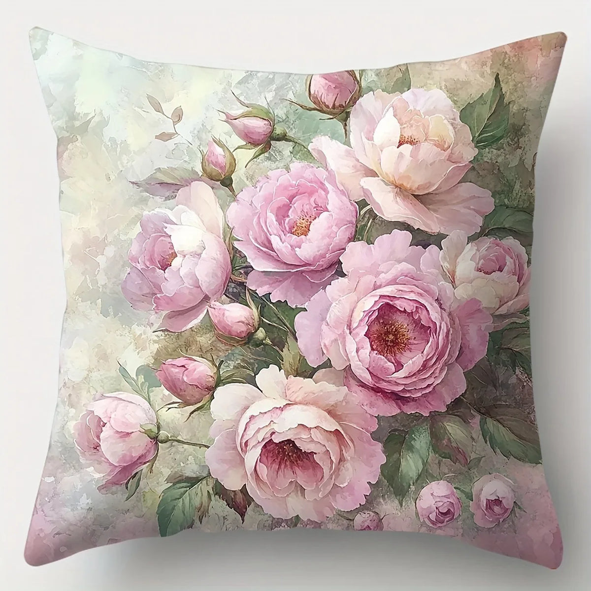 housse coussin imprimé bouquet fleurs roses blanches vintage couleurs rose beige vert polyester 40x40cm