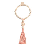attaches rideau bois pompon bohème rustique naturel anneaux beige rose blanc