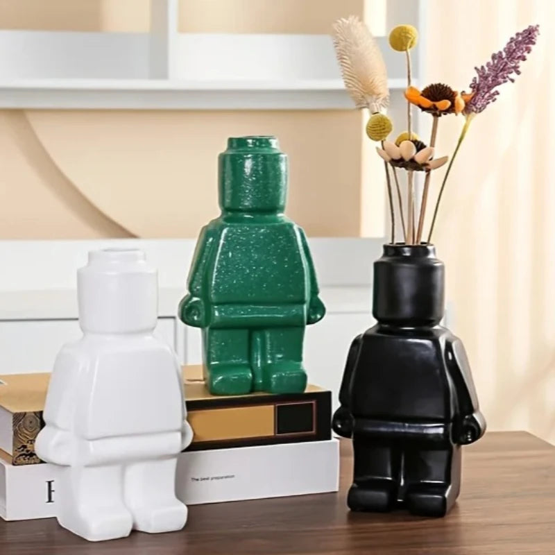 vases lego ludique céramique vert noir blanc fleurs séchées texture granuleuseintérieur decoration maison moderne