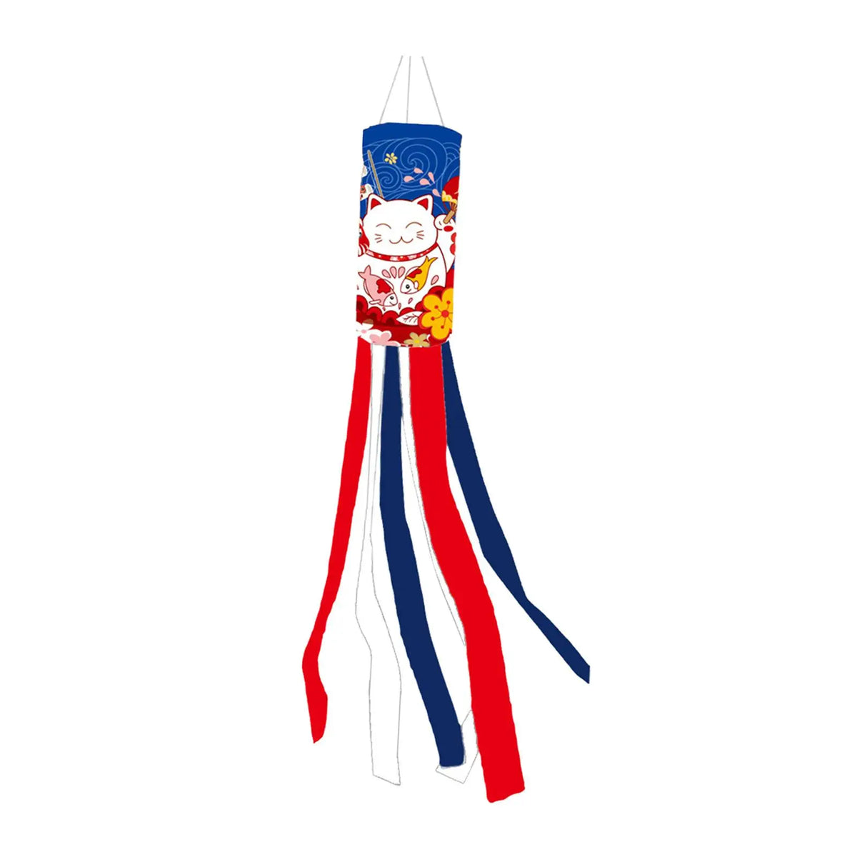 Éventail vent koinobori japonais motifs maneki neko rubans colorés bleu marine rouge blanc
