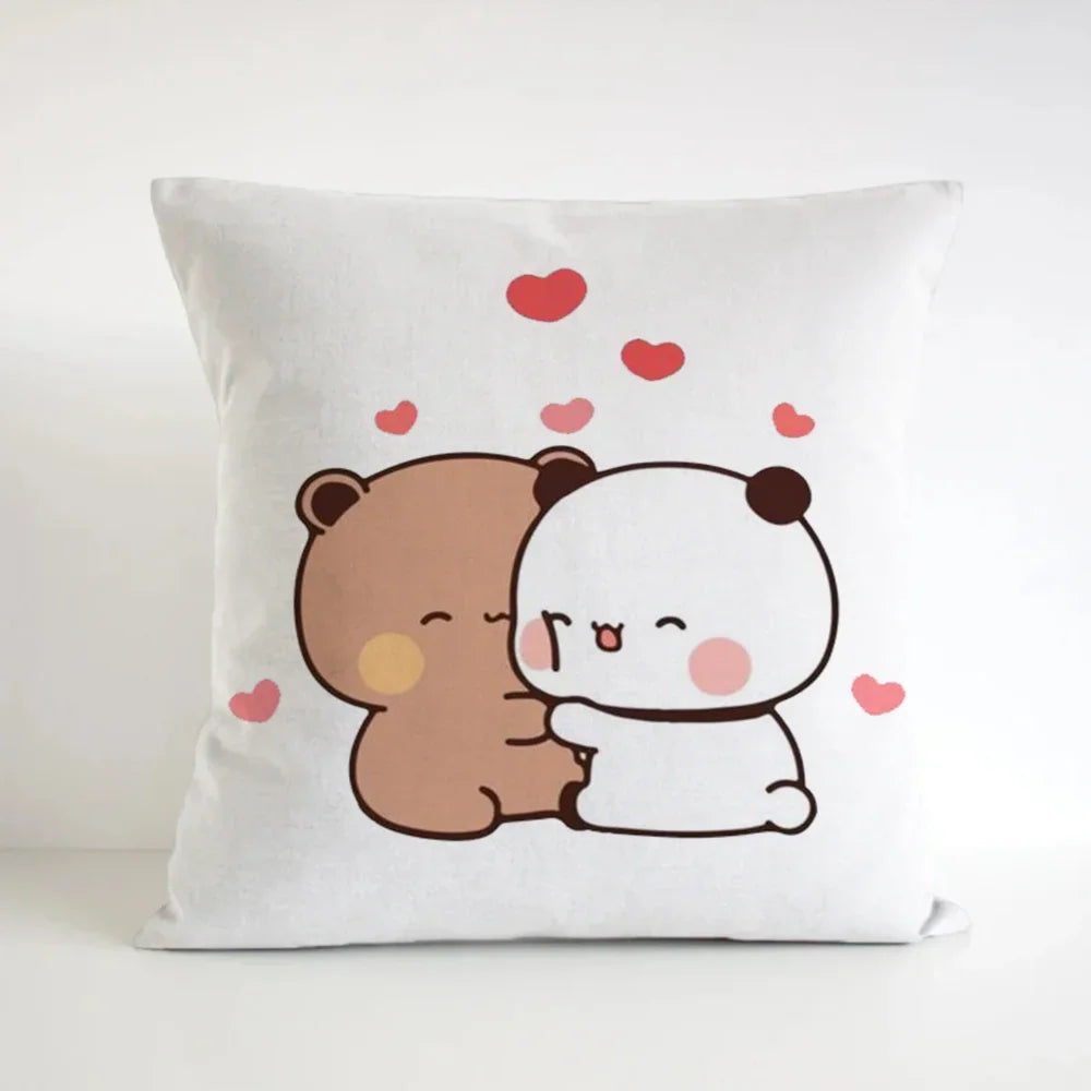coussin carré blanc décoratif ours marron panda coeur rose cartoon salon chambre lit
