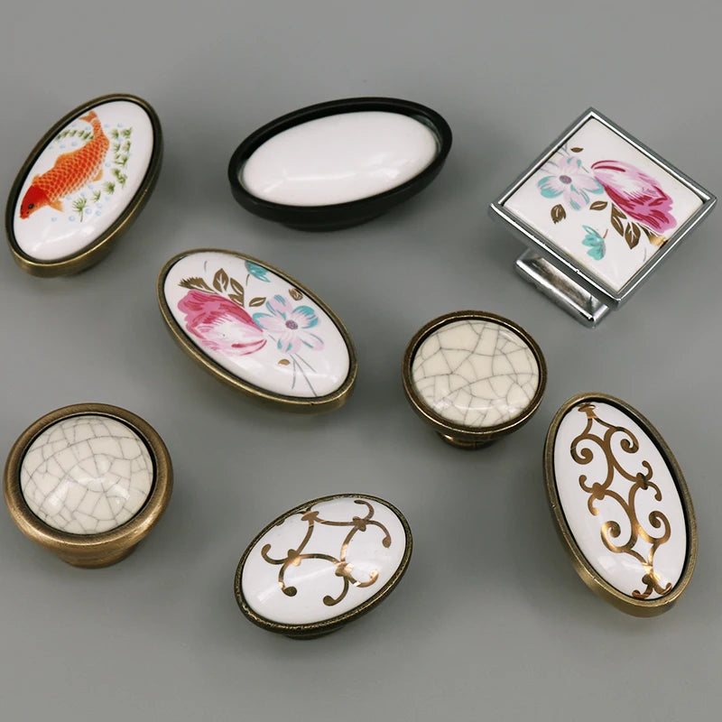 boutons meuble céramique blanc or noir fleurs poissons géométriques classiques