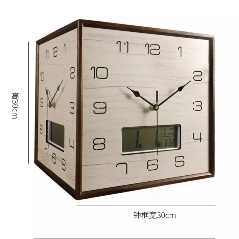 horloge murale moderne double face bois texture minimaliste date heure salon