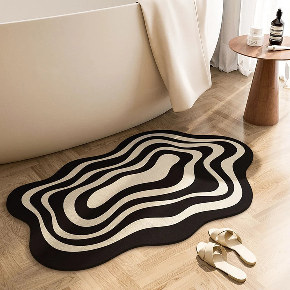 tapis salle bain noir blanc rayures ondulées moderne antidérapant rapide respectueux environnement adhésif