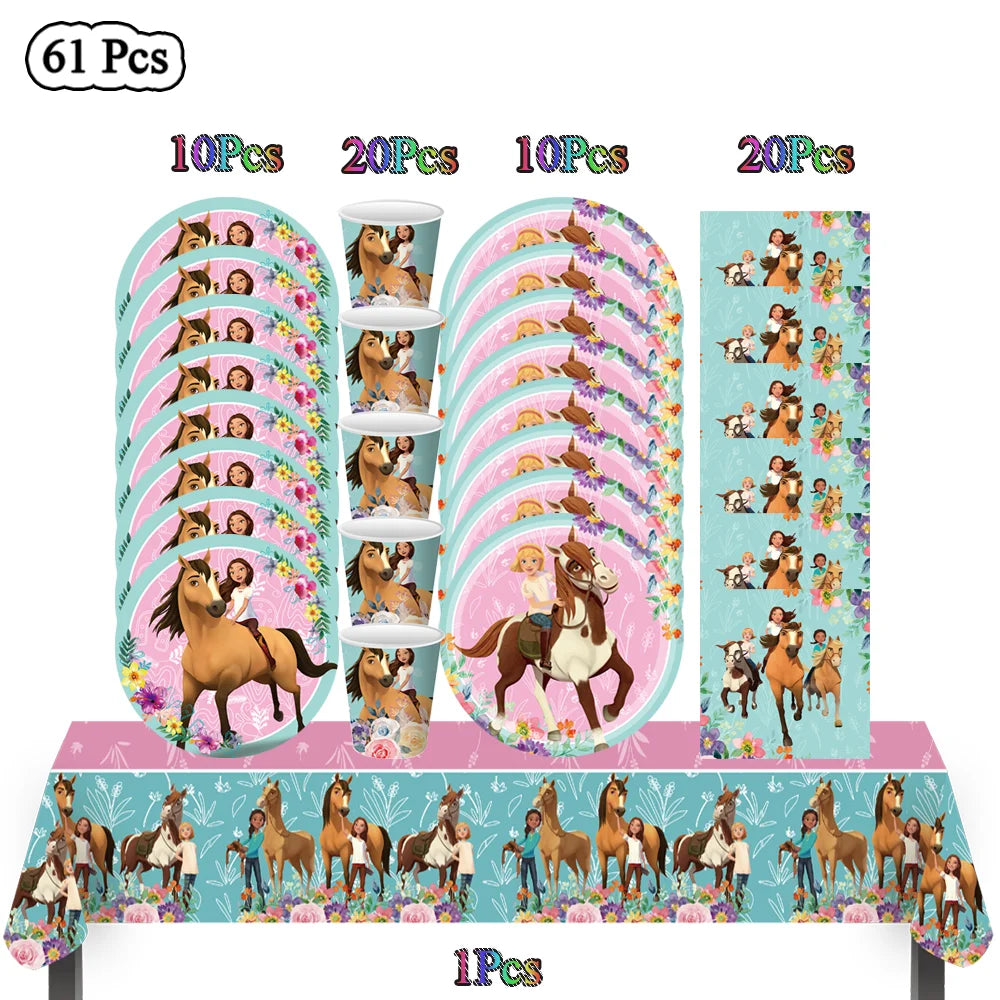 assiettes anniversaire chevaux filles fleurs nappe table enfant illustration mariage noël fêtes