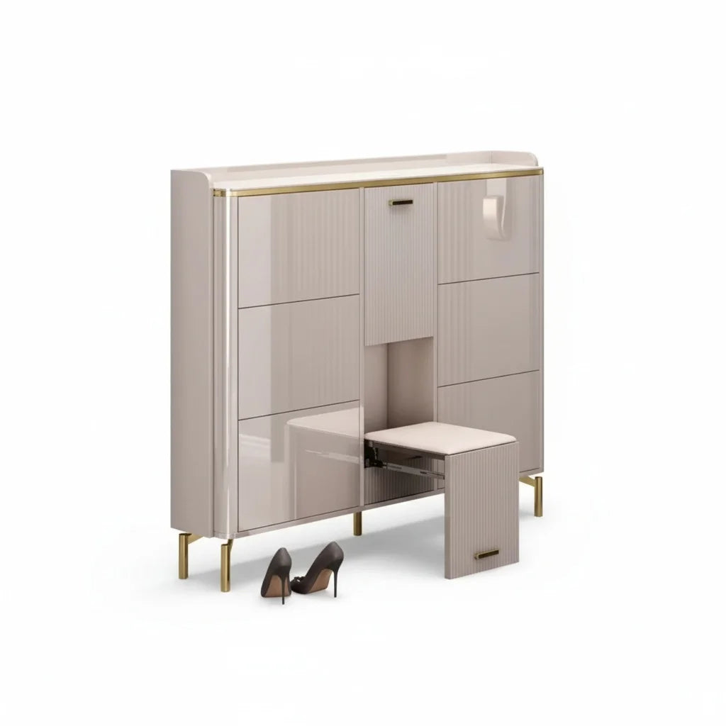 meuble chaussures moderne beige rayures tabouret escamotable porte chaussures pieds dorés élégant rangement pratique