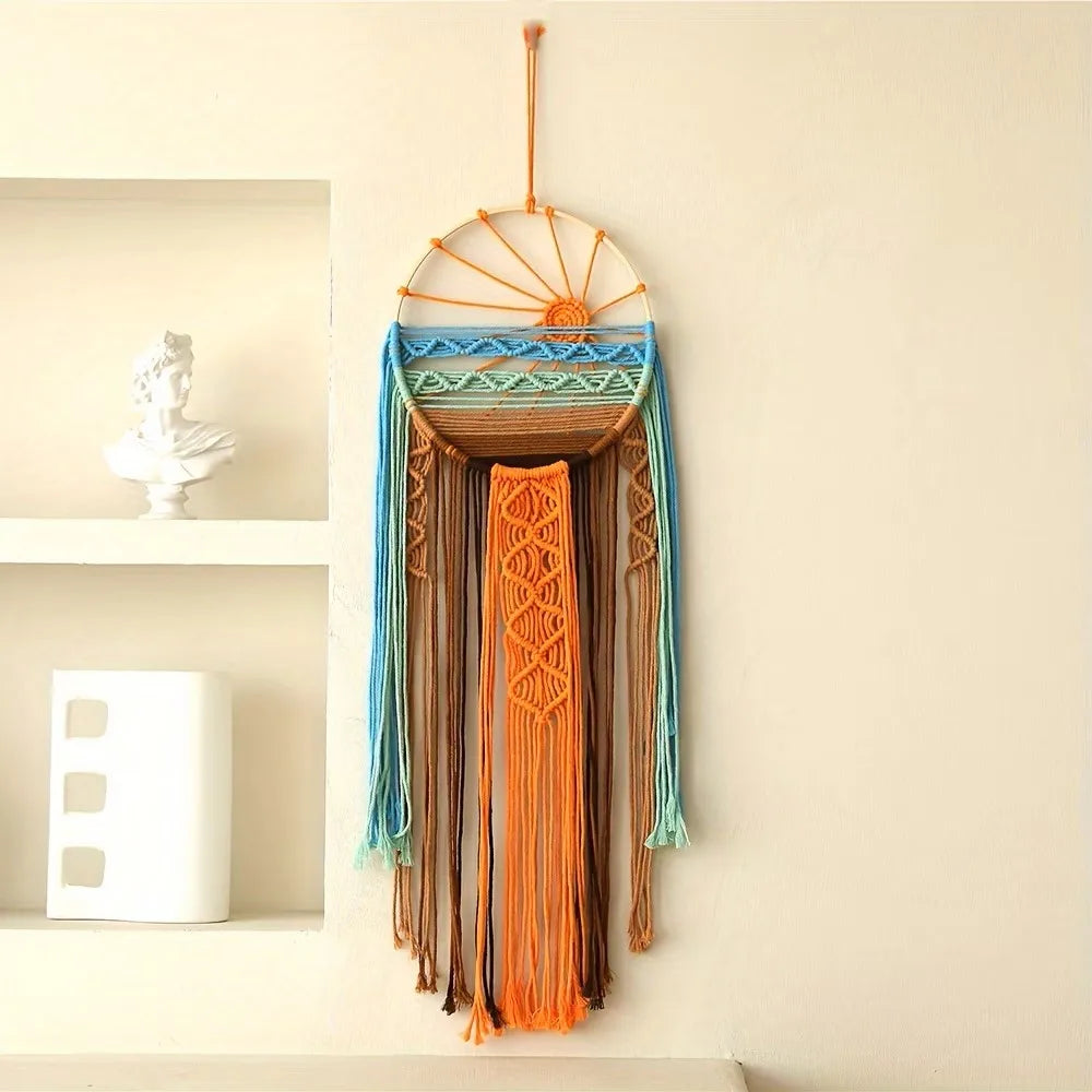 décoration murale bohème dreamcatcher macramé géométrique orange bleu marron artisanal chambre salon