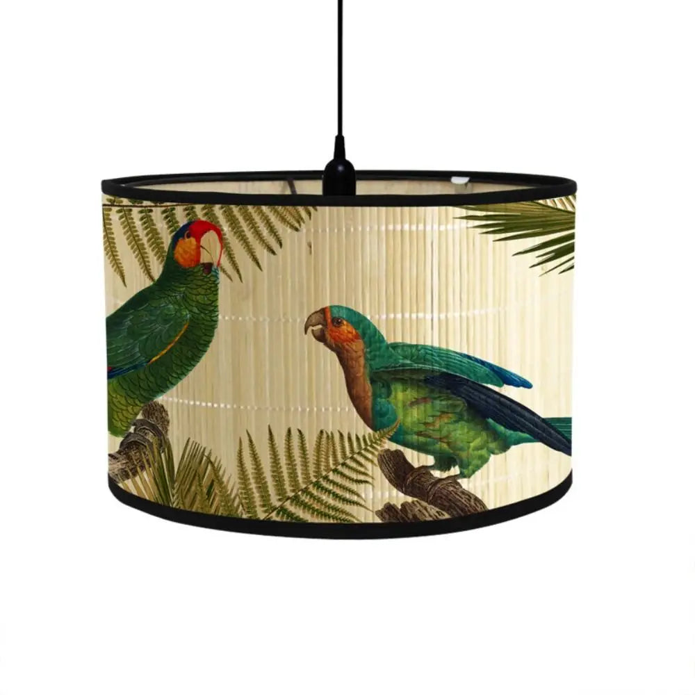 abat jour vintage imprimé tropical oiseaux plantes suspension couleur beige noir vert rouge jaune
