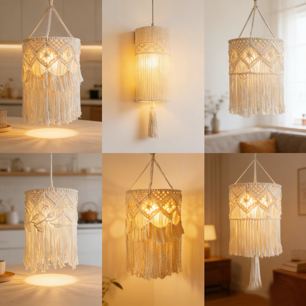 lampe suspendue macramé boho franges coton main beige clair décorative artisanale