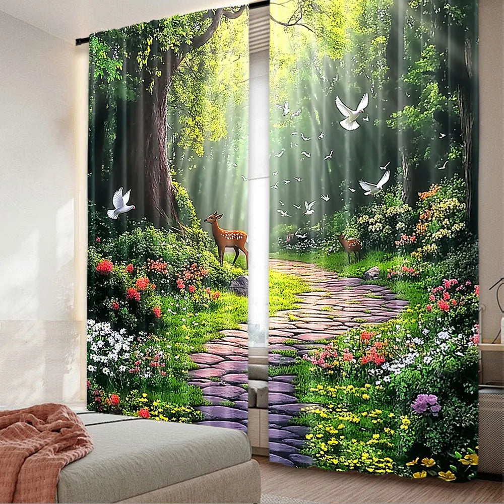 rideau polyester naturel vert arbres fleurs oiseaux cerf sentier opacité salon chambre cuisine