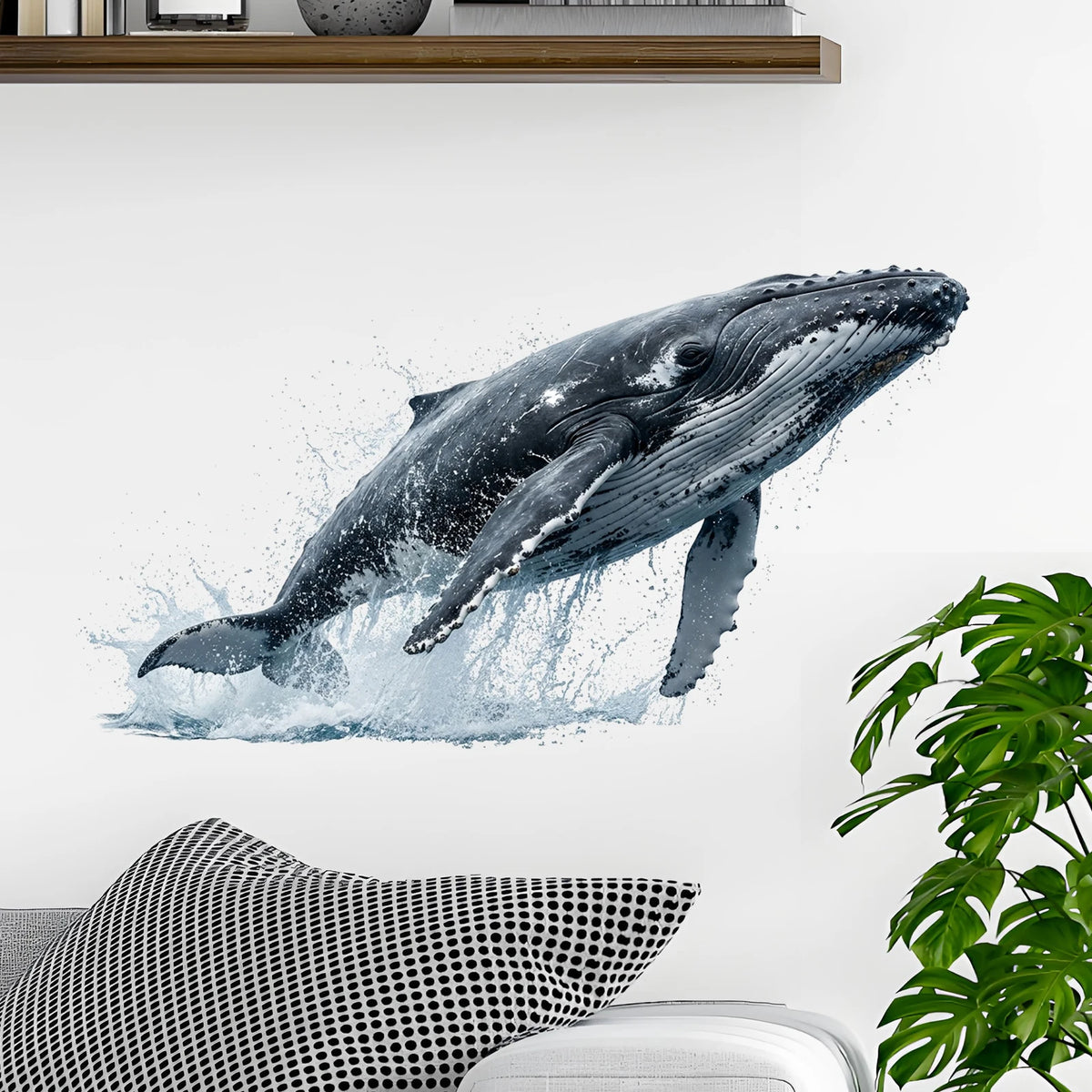 décoration murale baleine sautant eau noir blanche texturée adhésive intérieur moderne réaliste autocollant vinyle