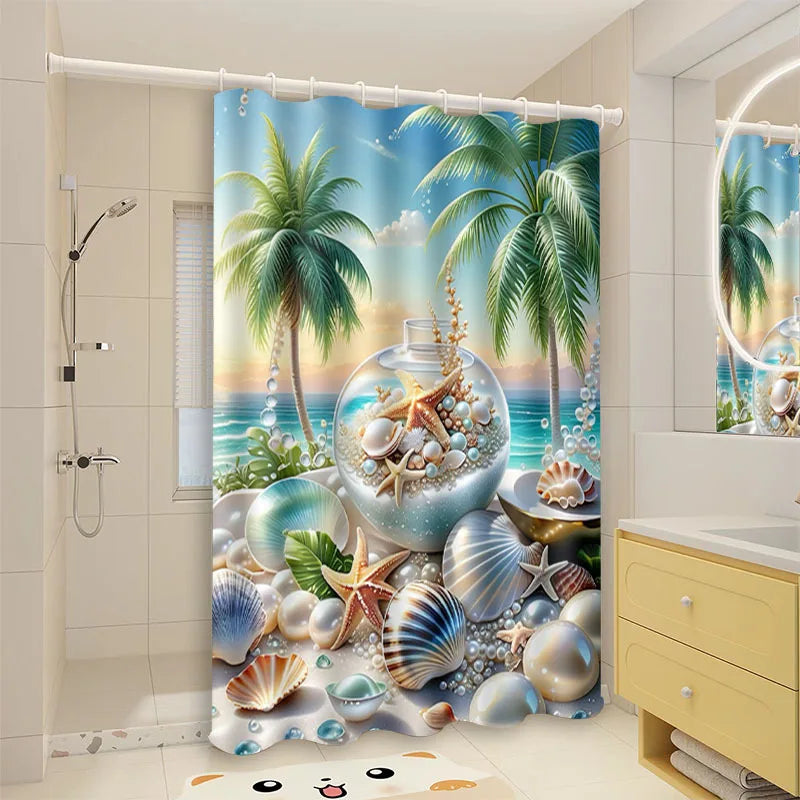 rideau douche plage palmiers coquillages bleu vert moderne opacité anneaux rideau