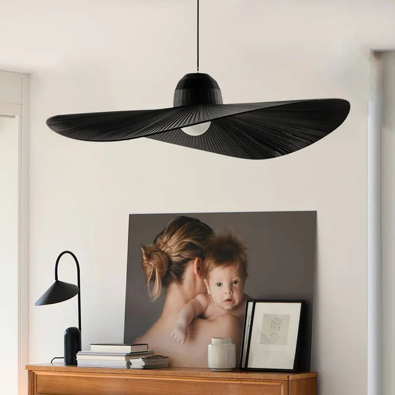 Suspension lumineuse moderne tissu noir blanc rayures fines plissées 6000K 3000K chambre salon étude