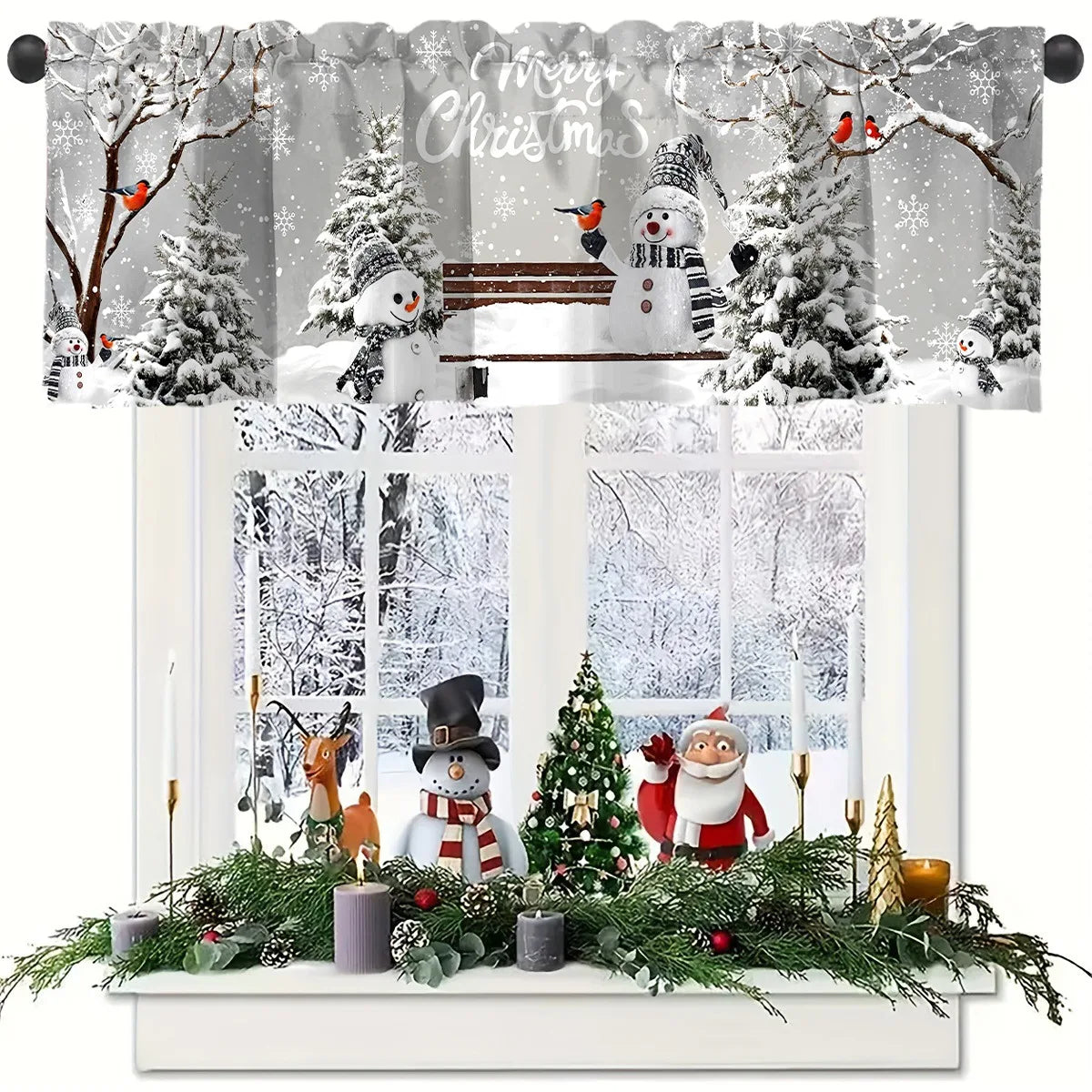 rideau noël blanc motifs flocons arbres eyelets polyester opaque traditionnel