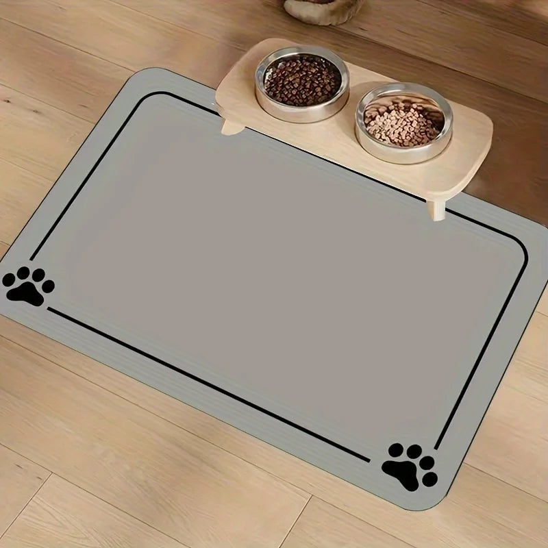 tapis animal compagnie noir gris imprimé pattes clips bols antidérapants absorbants moderne fonctionnel