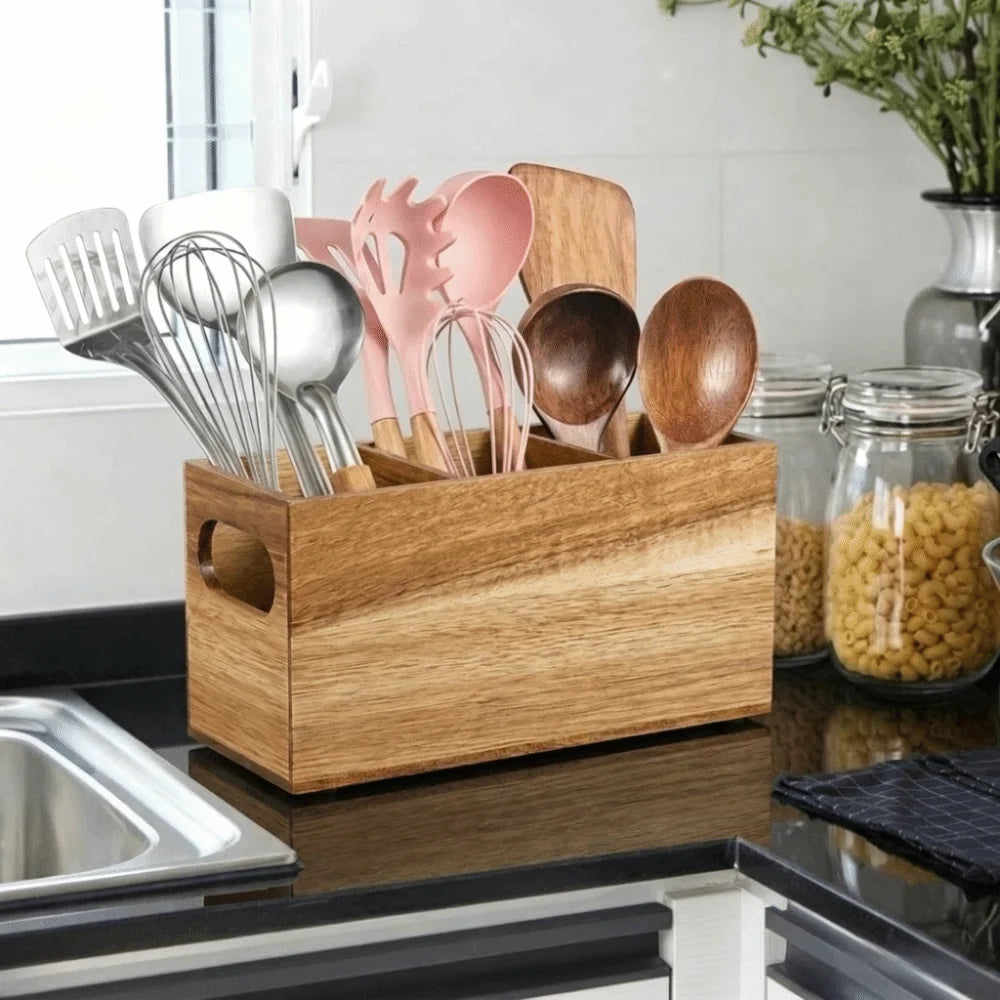 rangement ustensiles cuisine boîte bois modernes rustique fourchettes cuillères couteaux spatules louches