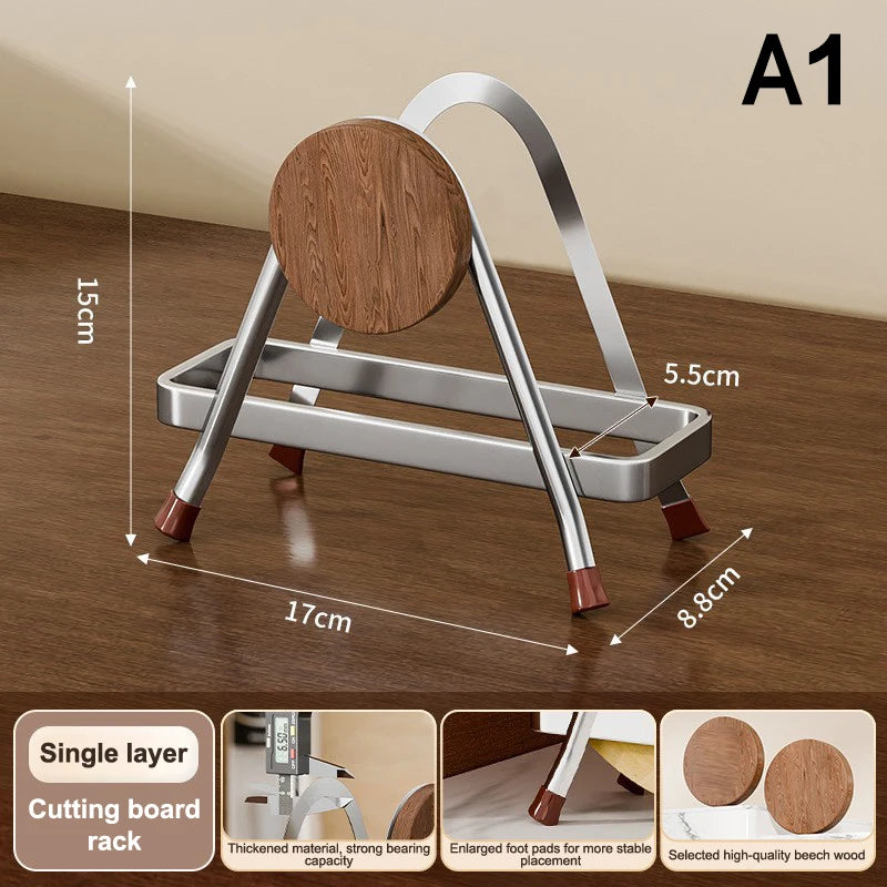 porte planches découper acier inoxydable bois finition brillante moderne réutilisable multifonctionalité fixations articulées argent