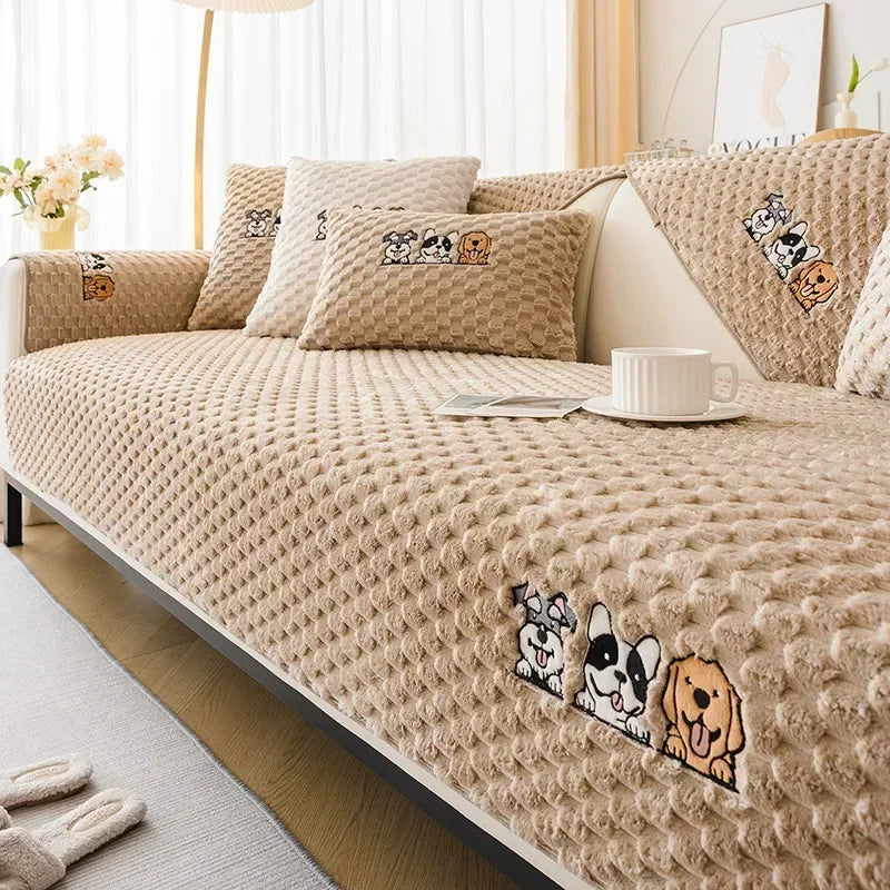 housse canapé coussins motif chien peluche douce salon gris beige clair