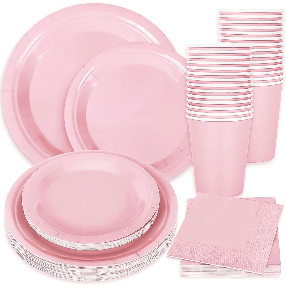 vaisselle jetable moderne rose assiettes fourchets couteaux verres serviettes anniversaire enfants fête