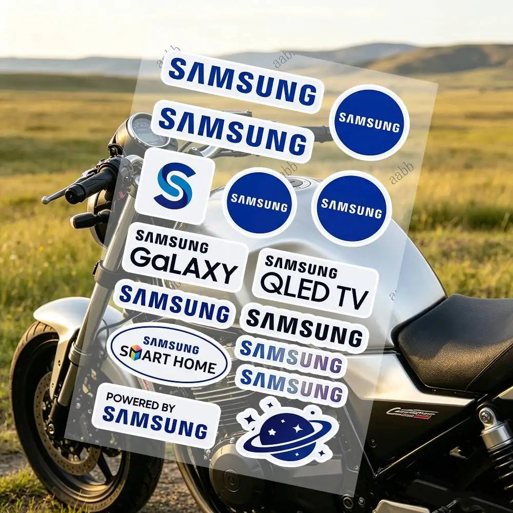 autocollants réfléchissants sécurité moto bleu blanc noir logos samsung modernes minimalistes