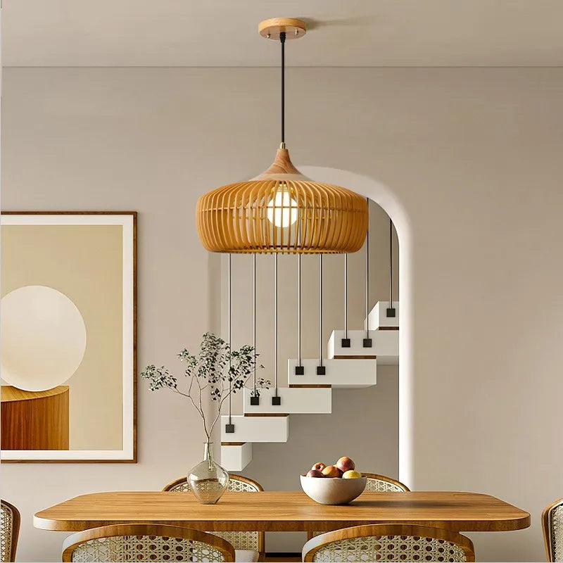 lampe suspendue moderne marron clair rayures horizontales câble noir ajustable salon chambre