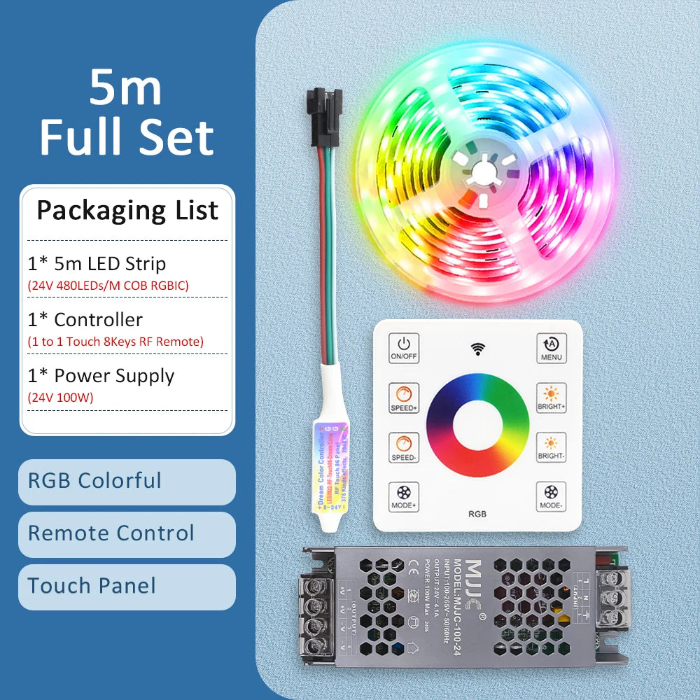 ruban led cob rgbic 24v multicolore 480 diodes 50000h moderne adhésif télécommande
