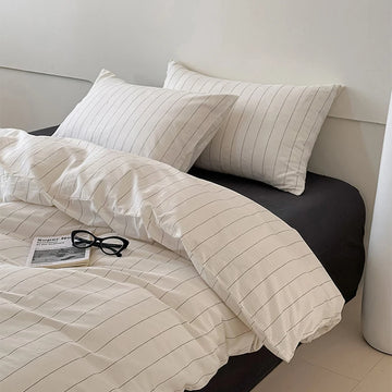 drap plat coton blanc rayures horizontales moderne housse couette taies oreillers minimalistes douces respirantes