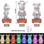 lampe led ours 3d transparent multicolore adhésif base bois câble usb interrupteur moderne chambre