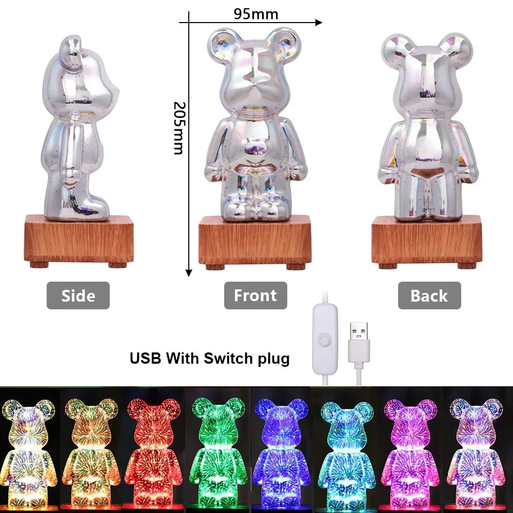 lampe led ours transparent holographique minimaliste base bois câble usb interrupteur multicolore contemporain chambre